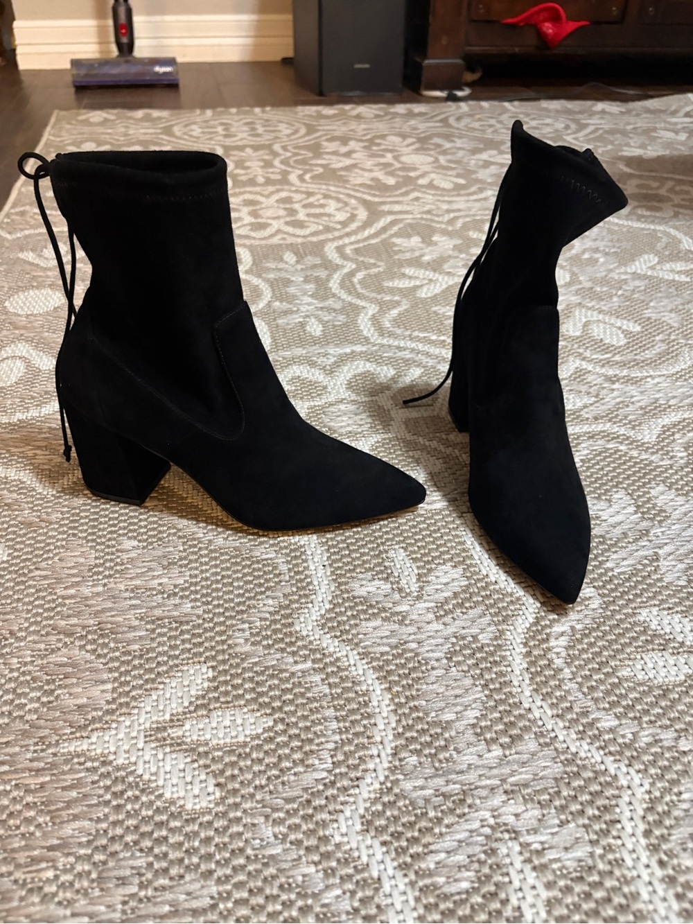 Stuart Weitzman Black Suede Pointed Ankle Booties with Tie Back